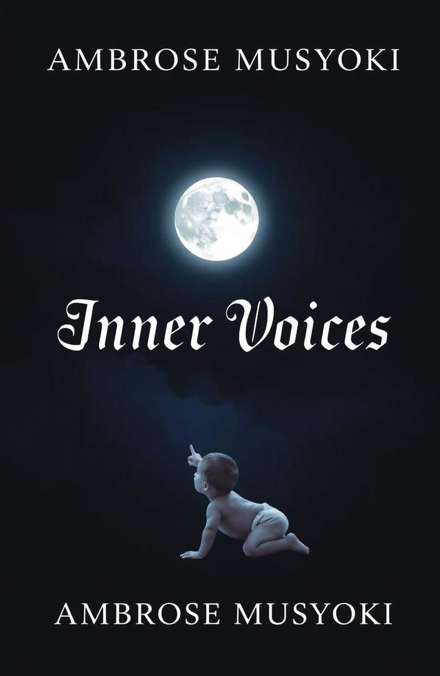 A dark and atmospheric book cover for 'The Inner Voices' by Ambrose Musyoki, featuring a shadowy and moody background