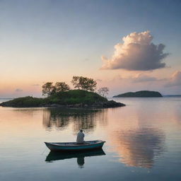 A solitary man seated on a small, isolated island watches as his love departs on a boat under a serene sky.