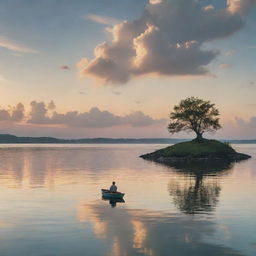 A solitary man seated on a small, isolated island watches as his love departs on a boat under a serene sky.