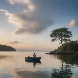 A solitary man seated on a small, isolated island watches as his love departs on a boat under a serene sky.