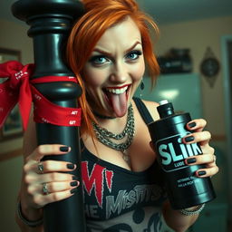 A close-up shot of a sexy female redhead with a large chest, wearing a 'Misfits' tank top and adorned with punk chains