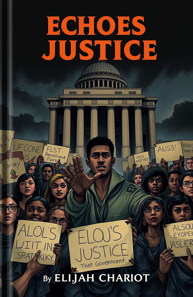 A dramatic book cover illustration for 'Echoes of Justice' by Elijah Chariot