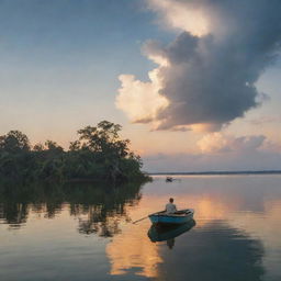 A solitary man seated on a small, isolated island watches as his love departs on a boat under a serene sky.