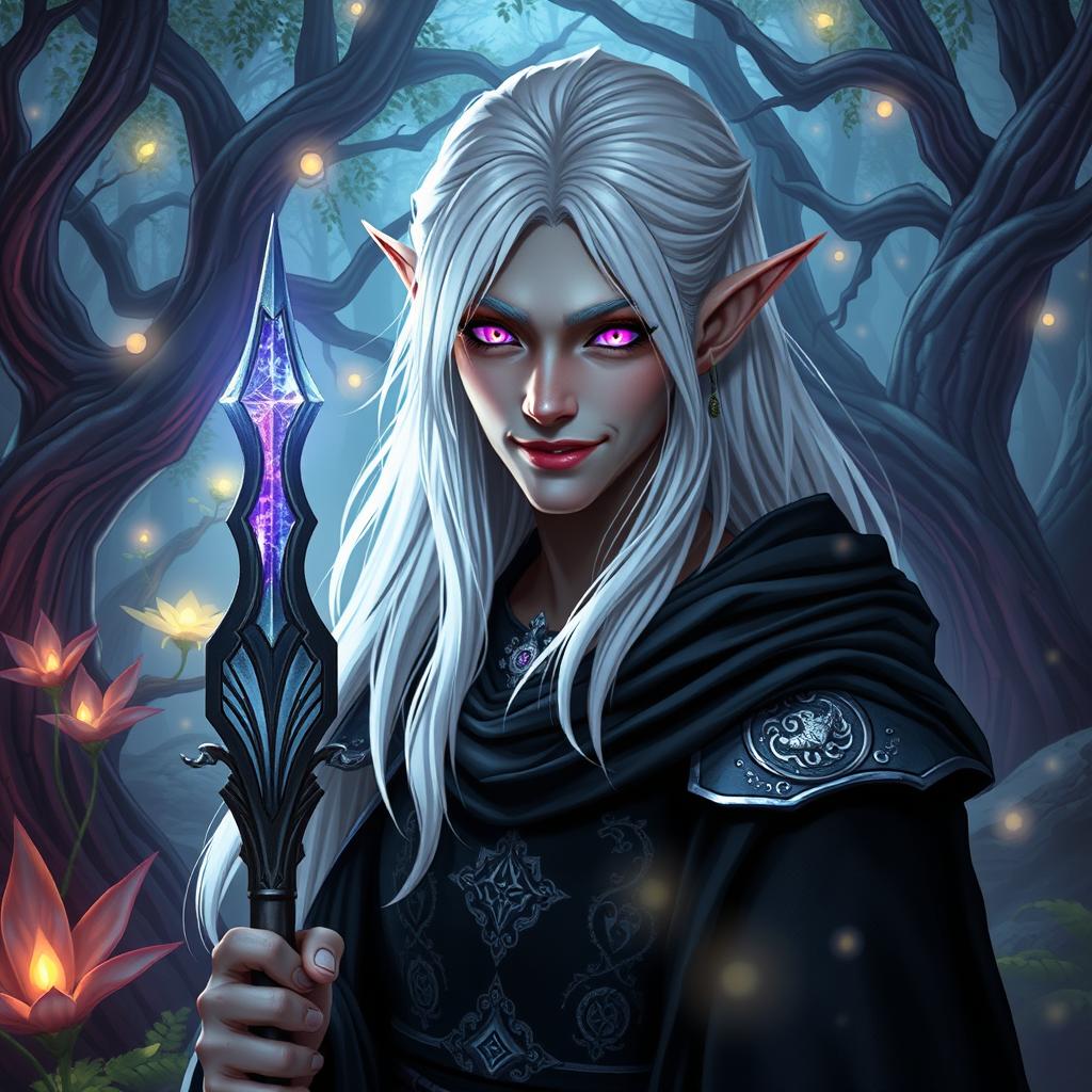 A dark elf character inspired by Wit from the Stormlight Archive, portrayed with long white hair and sharp, angular features