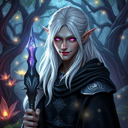 A dark elf character inspired by Wit from the Stormlight Archive, portrayed with long white hair and sharp, angular features