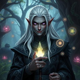 A dark elf character inspired by Wit from the Stormlight Archive, portrayed with long white hair and sharp, angular features