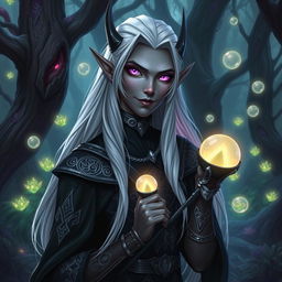 A dark elf character inspired by Wit from the Stormlight Archive, portrayed with long white hair and sharp, angular features