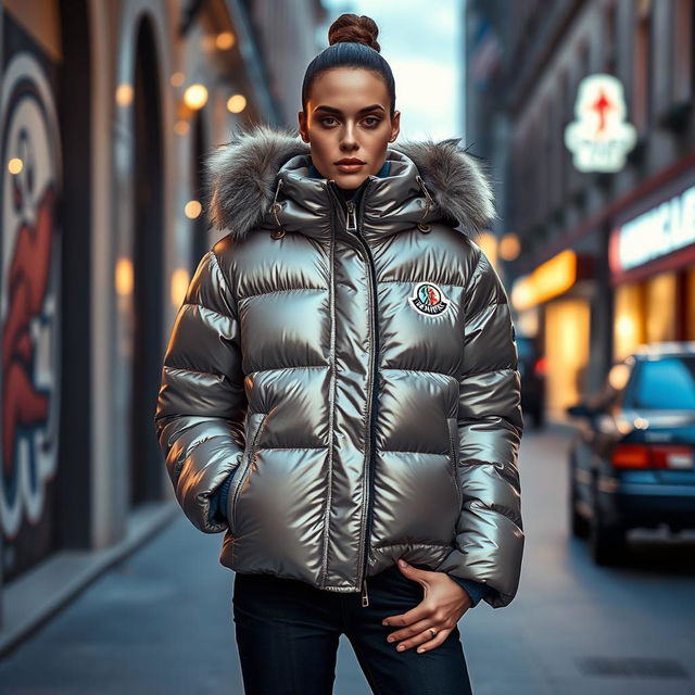 A fashionable Moncler jacket, displayed in a luxurious urban setting