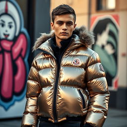 A fashionable Moncler jacket, displayed in a luxurious urban setting