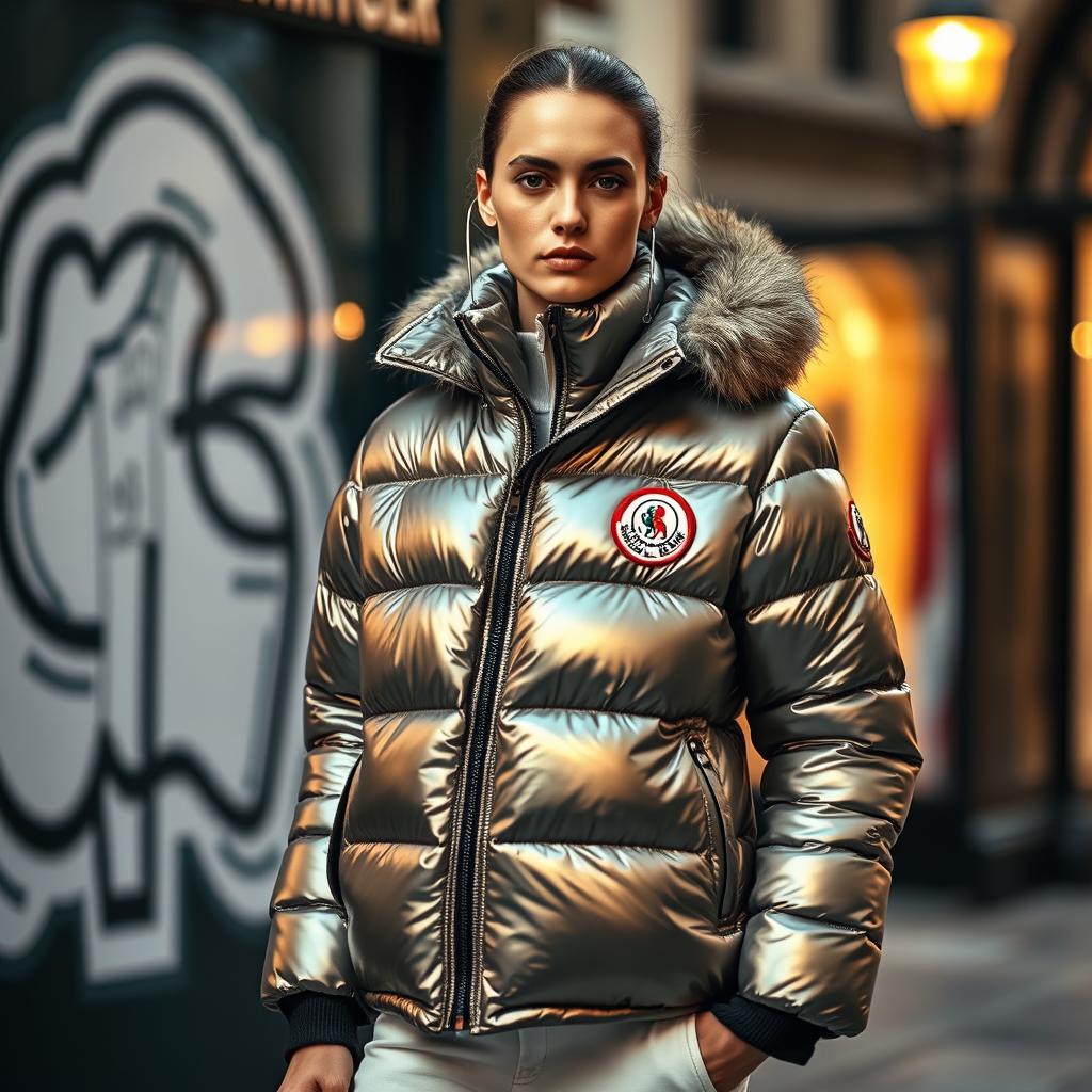 A fashionable Moncler jacket, displayed in a luxurious urban setting