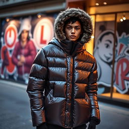 A fashionable Moncler jacket, displayed in a luxurious urban setting