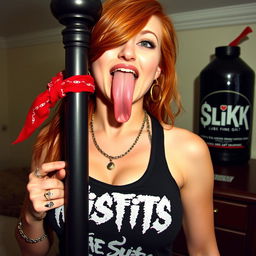 Close-up on a sexy redhead female with large chest and visible cleavage, wearing a 'Misfits' tank top adorned with punk chains