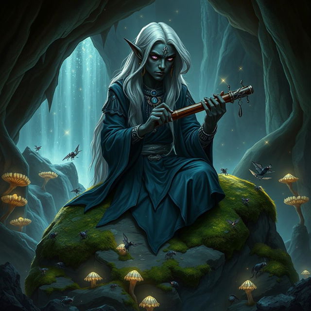 A captivating drow storyteller sitting on a large, moss-covered rock in an enchanting underground cavern, illuminated by bioluminescent fungi