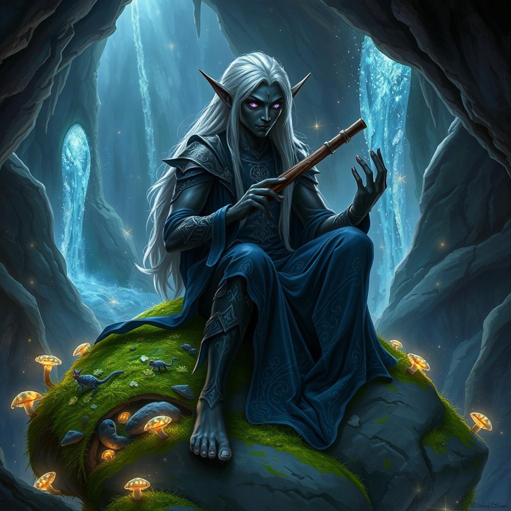 A captivating drow storyteller sitting on a large, moss-covered rock in an enchanting underground cavern, illuminated by bioluminescent fungi