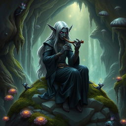 A captivating drow storyteller sitting on a large, moss-covered rock in an enchanting underground cavern, illuminated by bioluminescent fungi