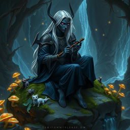 A captivating drow storyteller sitting on a large, moss-covered rock in an enchanting underground cavern, illuminated by bioluminescent fungi