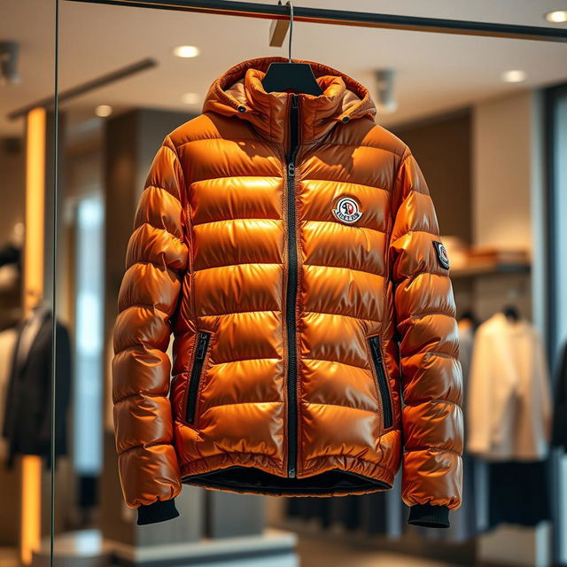 A stylish Moncler jacket, showcasing its signature design features such as a shiny exterior and distinct logo, hanging elegantly on a rack in a modern boutique