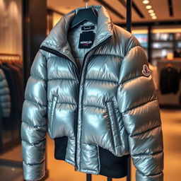 A stylish Moncler jacket, showcasing its signature design features such as a shiny exterior and distinct logo, hanging elegantly on a rack in a modern boutique