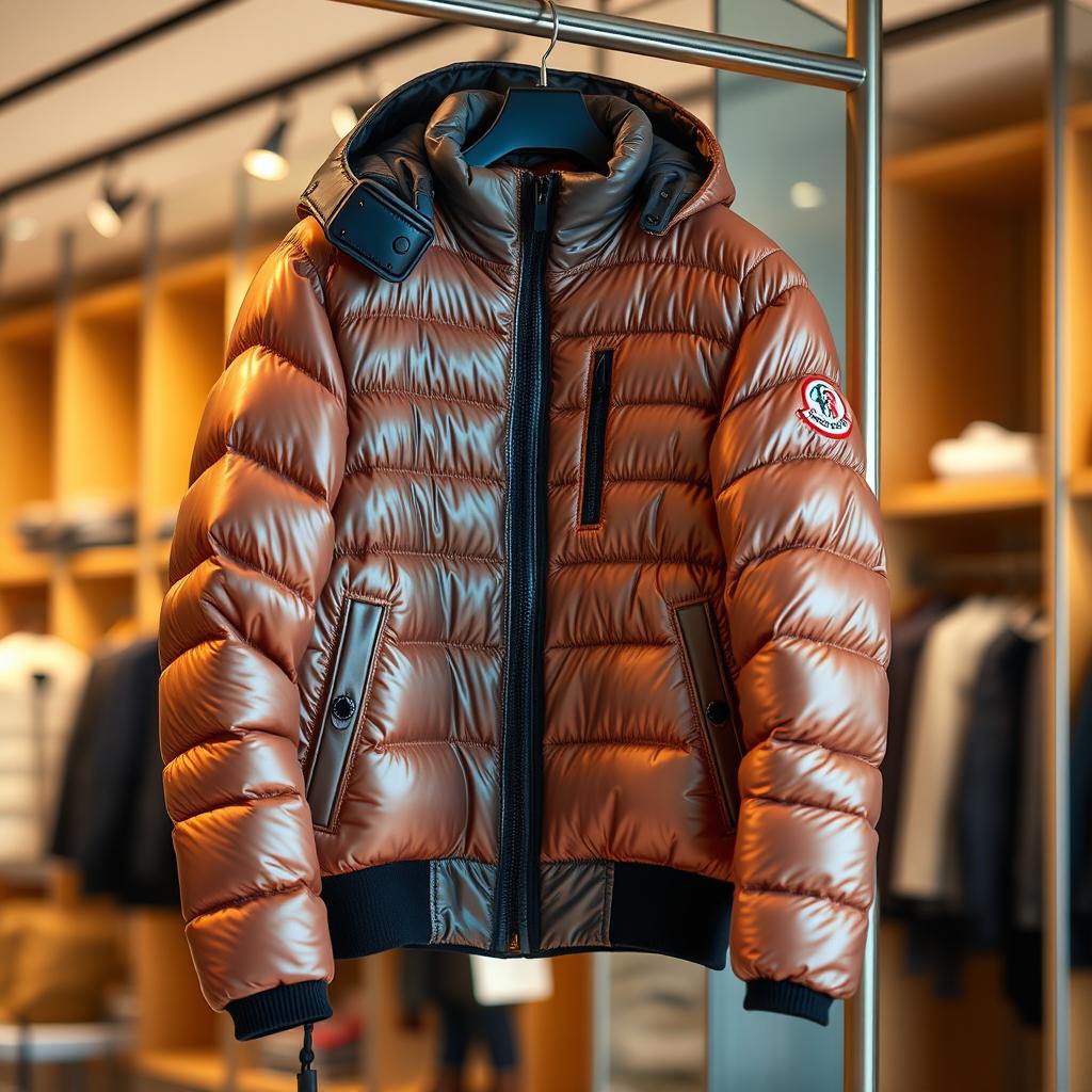 A stylish Moncler jacket, showcasing its signature design features such as a shiny exterior and distinct logo, hanging elegantly on a rack in a modern boutique