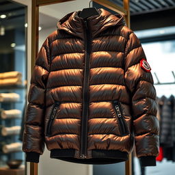 A stylish Moncler jacket, showcasing its signature design features such as a shiny exterior and distinct logo, hanging elegantly on a rack in a modern boutique