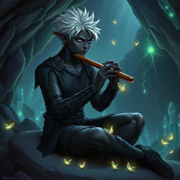 A male drow storyteller with short, spiky silver hair, sitting on a smooth stone in an underground cavern filled with glowing crystals and bioluminescent plants