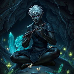 A male drow storyteller with short, spiky silver hair, sitting on a smooth stone in an underground cavern filled with glowing crystals and bioluminescent plants