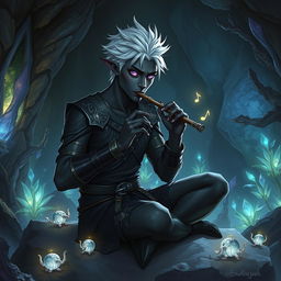 A male drow storyteller with short, spiky silver hair, sitting on a smooth stone in an underground cavern filled with glowing crystals and bioluminescent plants