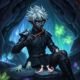 A male drow storyteller with short, spiky silver hair, sitting on a smooth stone in an underground cavern filled with glowing crystals and bioluminescent plants