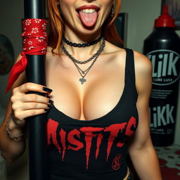 Close-up on the chest and torso of a sexy female redhead wearing a 'Misfits' tank top