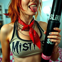 Close-up on the chest and torso of a sexy female redhead wearing a 'Misfits' tank top