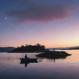 A solitary man seated on a petite island, observing his lover departing on a boat under a surreal twilight sky.