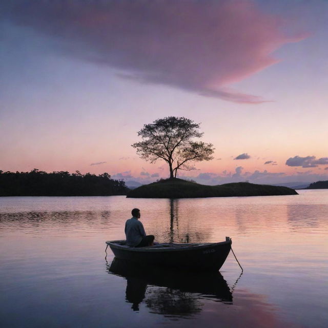 A solitary man seated on a petite island, observing his lover departing on a boat under a surreal twilight sky.