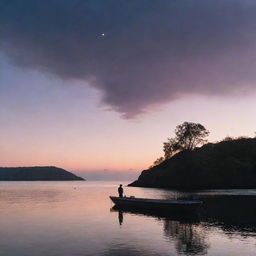 A solitary man seated on a petite island, observing his lover departing on a boat under a surreal twilight sky.