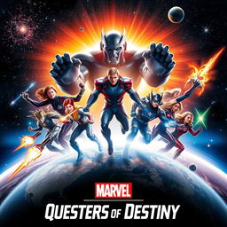 An epic Marvel movie poster featuring the Questers of Destiny team led by Mr