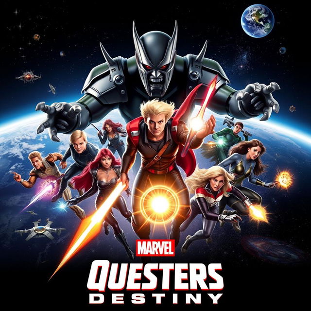 An epic Marvel movie poster featuring the Questers of Destiny team led by Mr