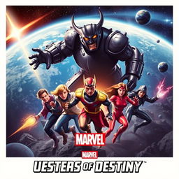 An epic Marvel movie poster featuring the Questers of Destiny team led by Mr