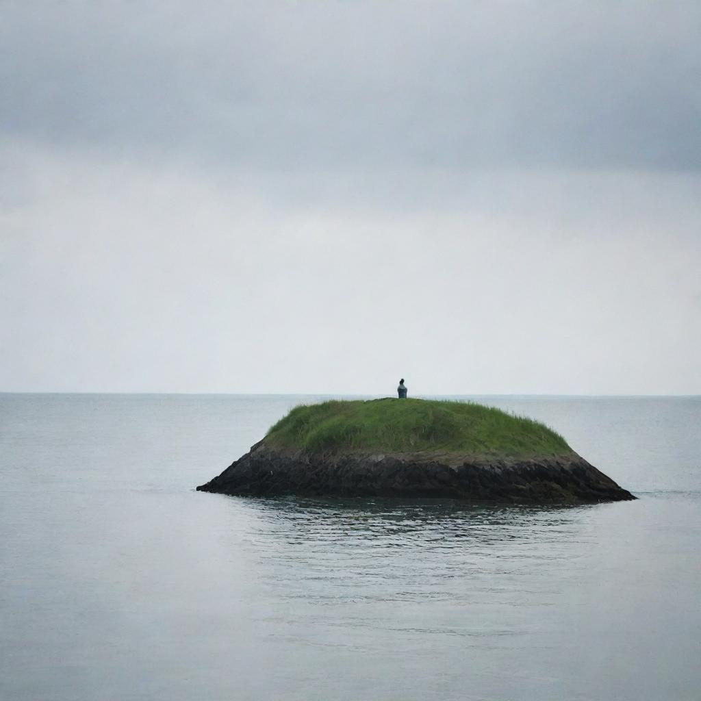 A solitary man sitting on a tiny island, watching as his love sails away on a small boat