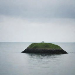 A solitary man sitting on a tiny island, watching as his love sails away on a small boat