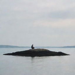 A solitary man sitting on a tiny island, watching as his love sails away on a small boat