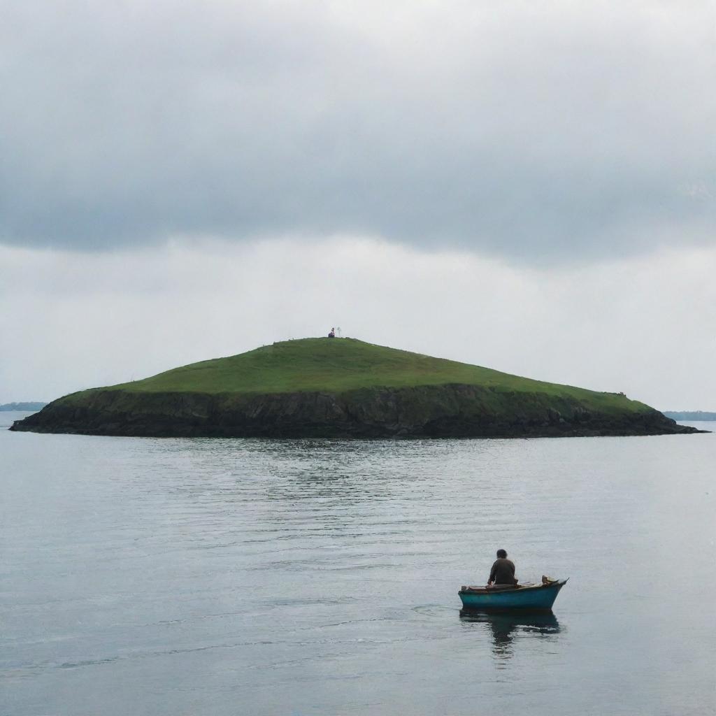 A solitary man sitting on a tiny island, watching as his love sails away on a small boat