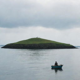 A solitary man sitting on a tiny island, watching as his love sails away on a small boat