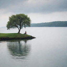 A solitary man sitting on a tiny island, watching as his love sails away on a small boat