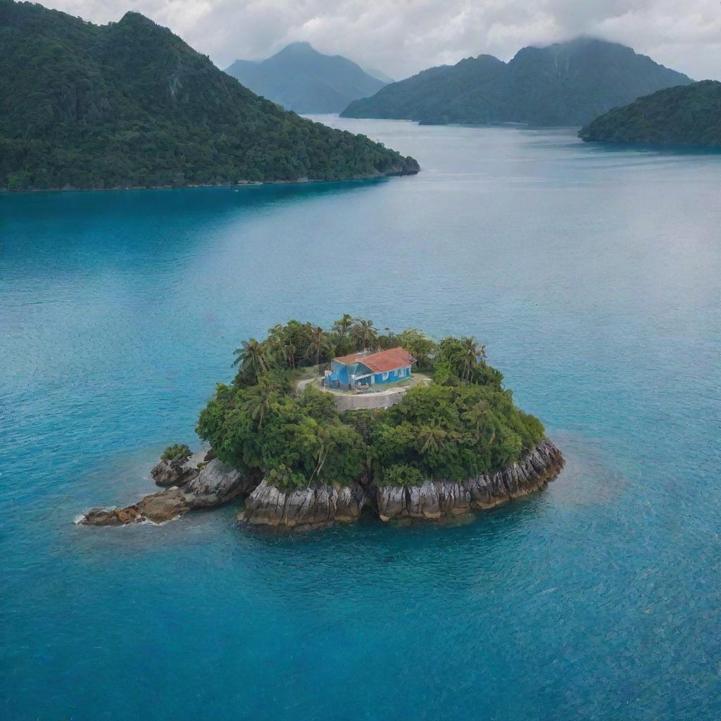 A beautiful small island with a loving couple crossing the blue water in a quaint boat