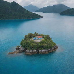 A beautiful small island with a loving couple crossing the blue water in a quaint boat