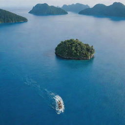 A beautiful small island with a loving couple crossing the blue water in a quaint boat