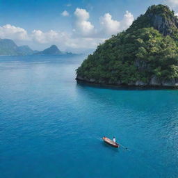 A beautiful small island with a loving couple crossing the blue water in a quaint boat