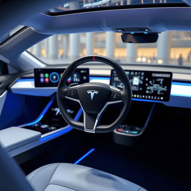 A futuristic Tesla vehicle interior featuring a sleek, innovative volante yoke steering wheel