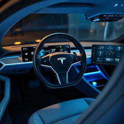 A futuristic Tesla vehicle interior featuring a sleek, innovative volante yoke steering wheel