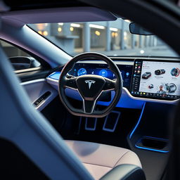 A futuristic Tesla vehicle interior featuring a sleek, innovative volante yoke steering wheel