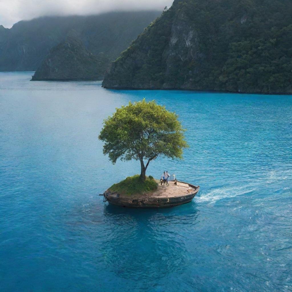 A beautiful small island with a loving couple crossing the blue water in a quaint boat